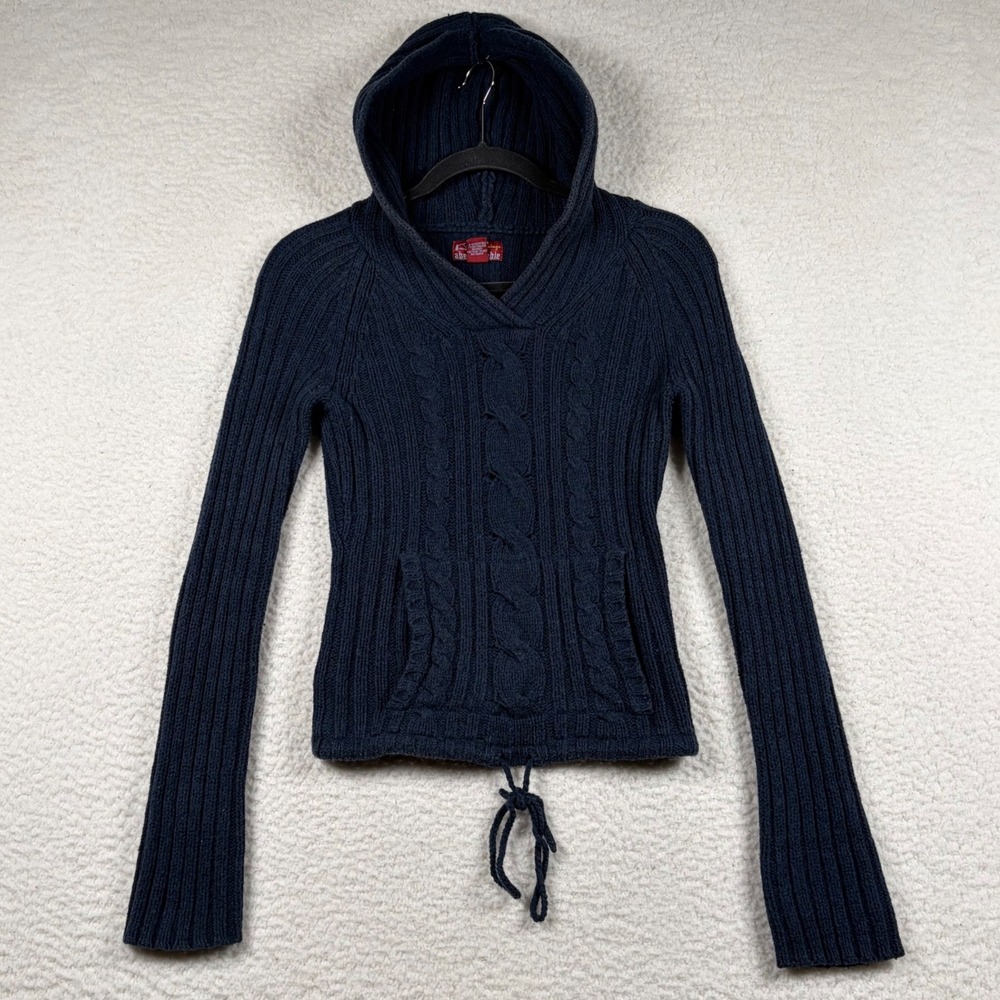 Abercrombie Hoodie Womens Vintage Cable Knit Wool Blend M Navy Blue Y2K Preppy